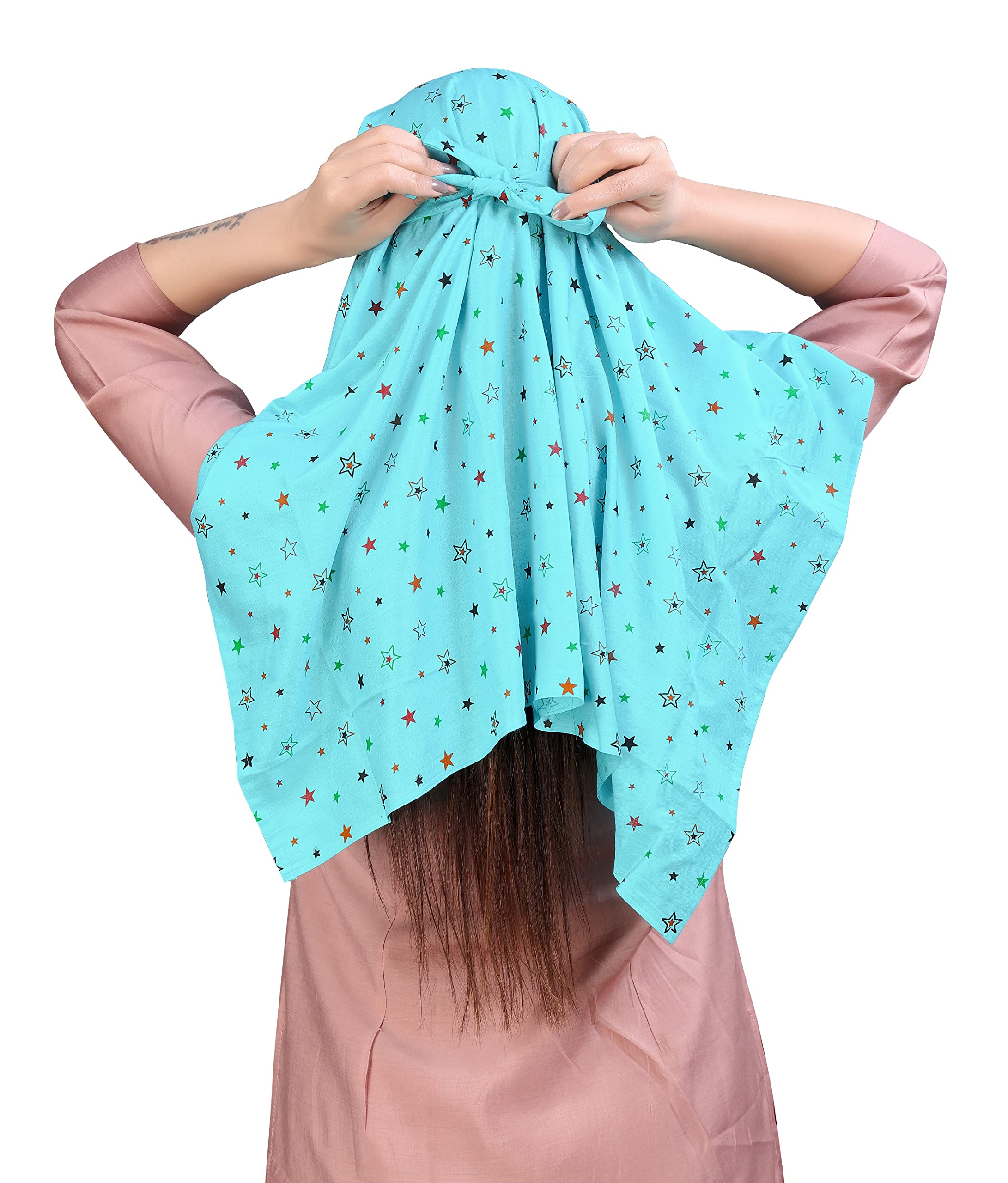 7 season's Female Cotton Short Scarf Cum Mask Universal Size/Usable For Vehicle Driver For Sunlight Uv Protection/White Printed Design (Cap_Firozi, Free)