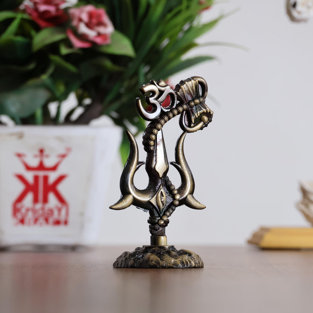 KridayKraft Metal Sivshakti Trishul Damru with Om Rudaksha Mala Symbol Statue, Antique Finish, 9.5 cm Height, 5 cm Base, 90 gm