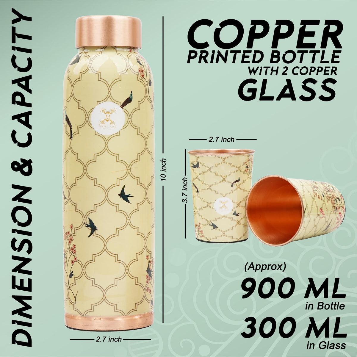 MERCAPE Vintage Swallow Meena Print Pure Copper Water Bottle 950 ml with 2 Copper Glasses (300 ml Each) | Printed Copper Bottle & Glass Set | Suitable for Home, Office & Gifting