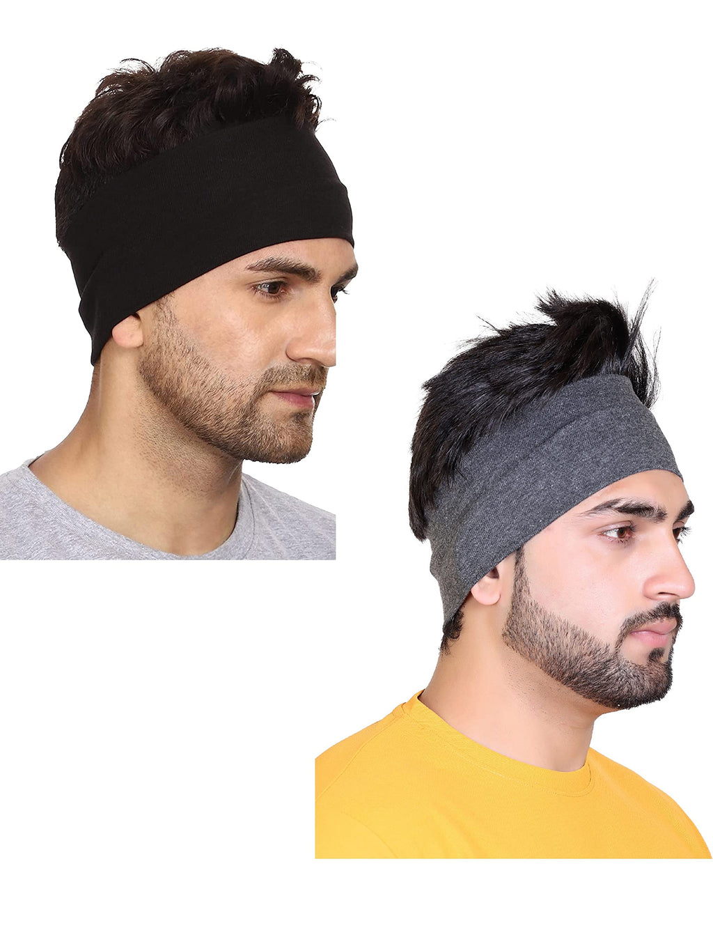 Gajraj Wide, Moisture Wicking and Non-Slip Exercise Workout Cotton Headband for Men and Women (Pack of 2) (Black-Grey)