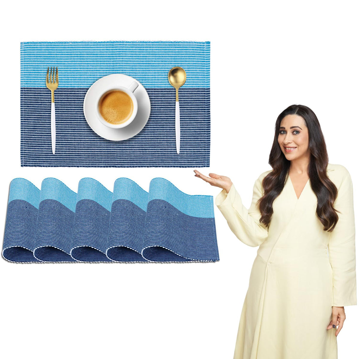 HOKIPO Ribbed Cotton Heat Resistance Dinner Table Mats (Blue) Set of 6 Kafalo