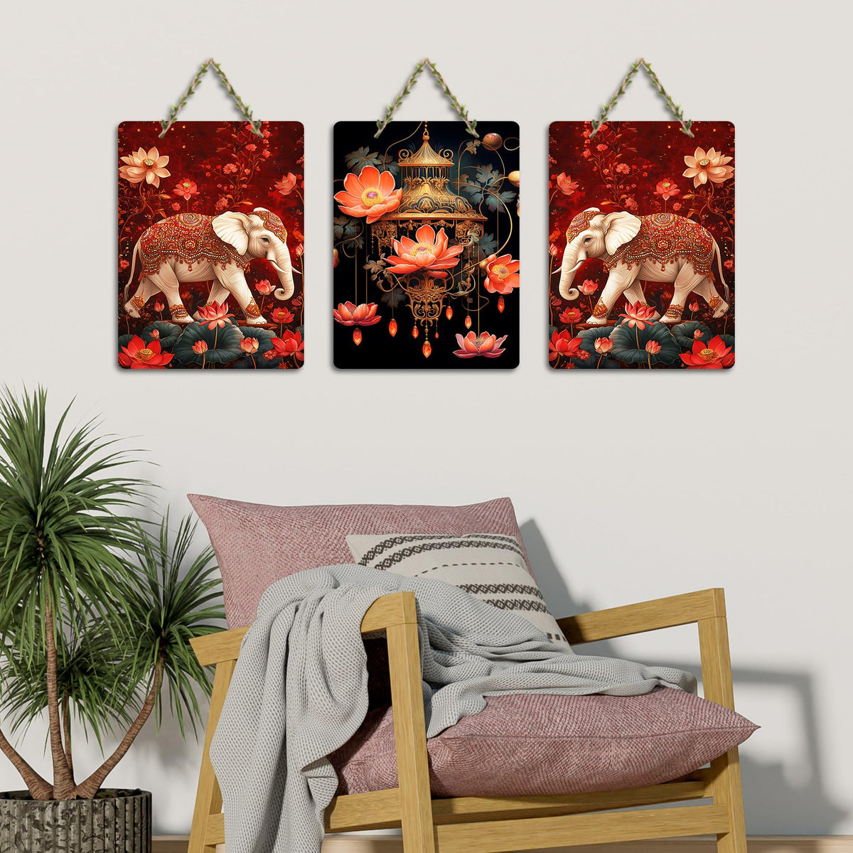 Artvibes Royal Elephants Madhubani Art Home Decorative Wall Art MDF Wooden Wall Hanger for Home | Printed Wall Decoration | Graphic Artwork | Wall Poster | Sceneries | Gifts (WH_96144N), Set of 3