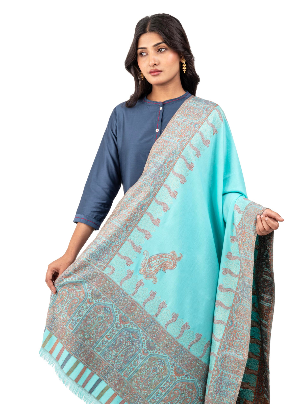 Naureen Women Faux Pashmina Kani Zari Shawl, Warm and Soft, 40x80 inch