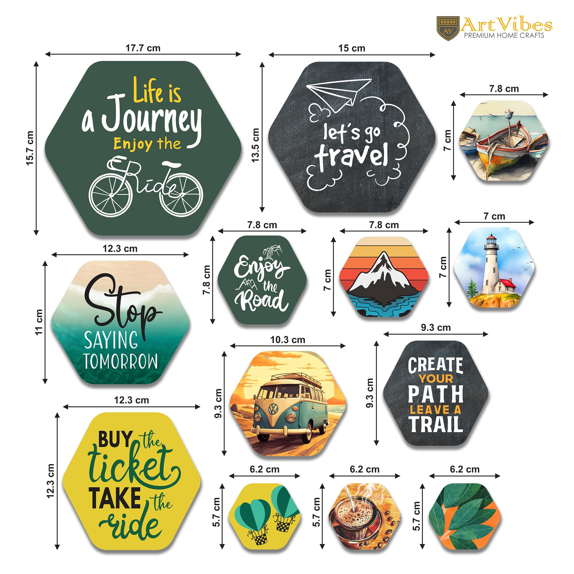 Artvibes Life is a Journey Travel Quote Hexagon Shape MDF Wooden Wall Decor Items | Quotes Decor Item | Traveller Quotes Wall Art | Wall Illustrations | Home Décor | Unique Gift (WPS_228N), Set of 13