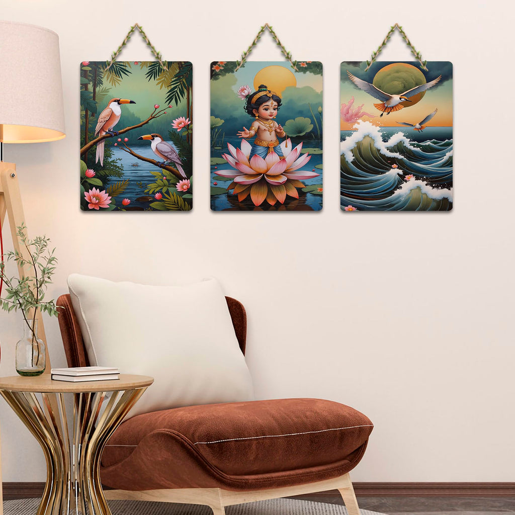 Artvibes Sacred Baby Krishna With Lotus & Birds Wooden Wall Hanger for Home | Spiritual Decor Items | Wall Poster | Artwork| Stylish Modern Decor Item | Gift Items (WH_9637N), Set of 3