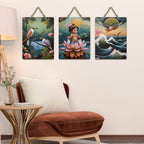 Artvibes Sacred Baby Krishna With Lotus & Birds Wooden Wall Hanger for Home | Spiritual Decor Items | Wall Poster | Artwork| Stylish Modern Decor Item | Gift Items (WH_9637N), Set of 3