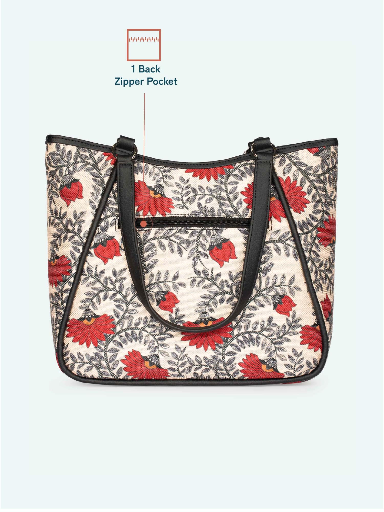 ZOUK Naisha Red & Beige Floral Tote Bag for Women | Vegan Leather Large Shoulder Handbag with Bottle Holder, Multiple Pockets & Water-Resistant Lining | Office, Travel & Daily Use | Nawabi Couture