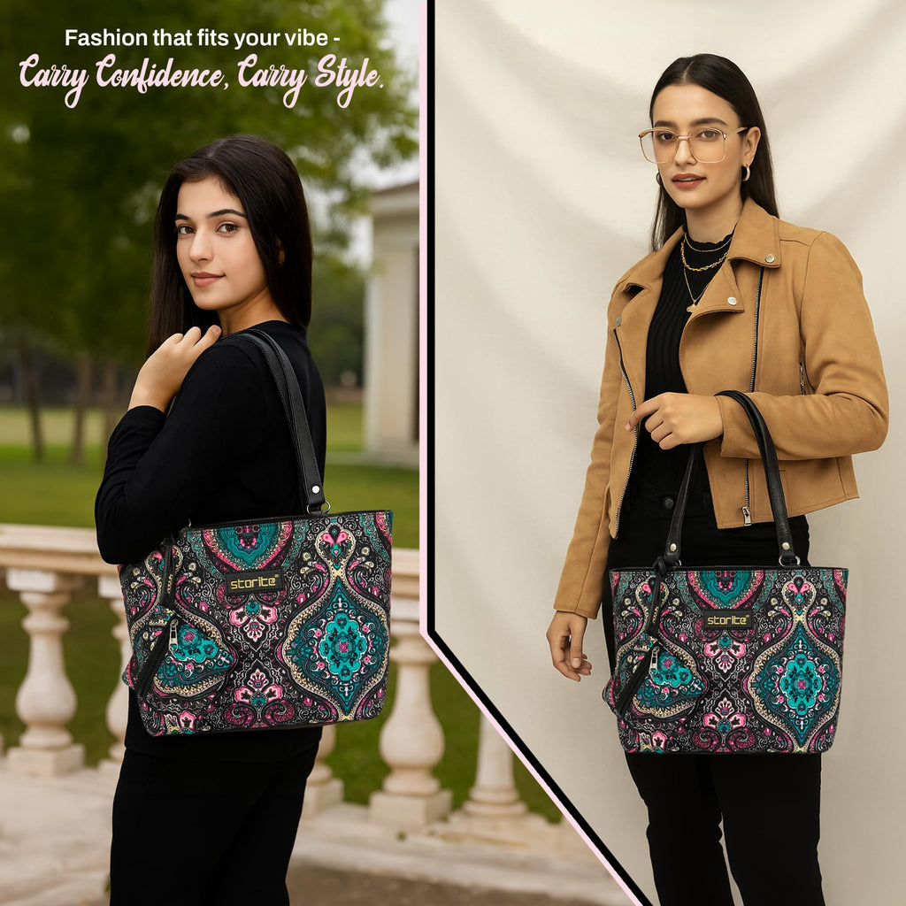 Storite Women's Tote Bag With Leather Handles & Embroidery Printed Handbag With Zip Pockets, Shoulder Tote Bag And Handbag For Office And College (25x24x9Cm)