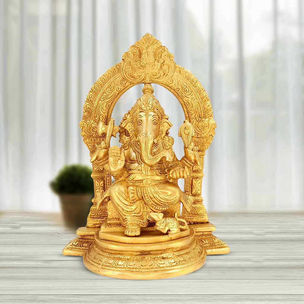 Artavrko Brass Lord Ganesha Sitting Singhasan with Mooshak at Leg Ganesh Bhagwan Idol Ganpati Murti Metal Statue 10 Inch