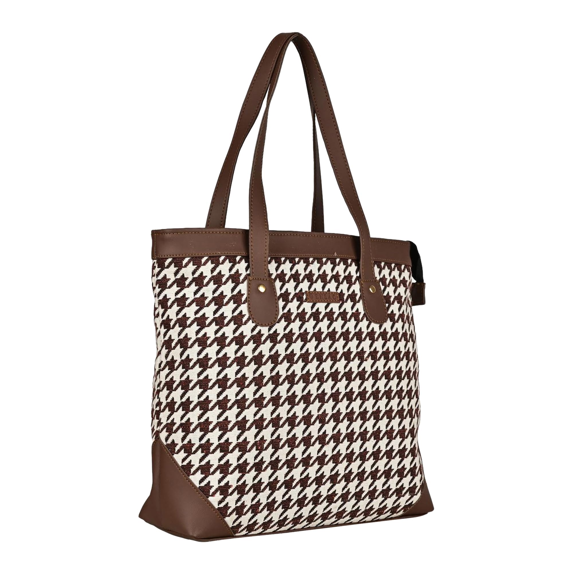 ENSAC Premium Cotton Tote Bag for Women, Stylish Handbag for women with Zip Closure | Fit for Office Bag, College, Travel Use | Handcrafted in IndiaTOTE-(HOUNDSTOOTH-BROWN-1) (Brown)