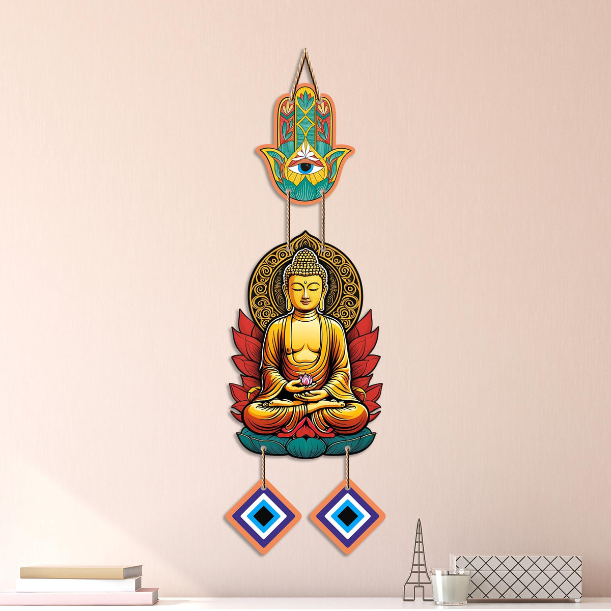 Artvibes Golden Buddha Wall Hanging with Hamsa Hand and Evil Eye Charms | Spiritual Protection Decor for Home | Meditation | Yoga Spaces & Entryway | Positive Energy Wall Art Gift (WH_8594N)
