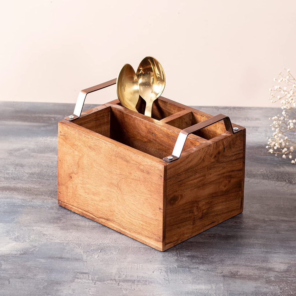 nestroots Cutlery Holder Spoon Stand for Dining Table | Wooden cutlery holder multipurpose | Kitchen rack with copper handle, salt pepper sauces storage Teak Wood Iron Handles copper 3 Sections