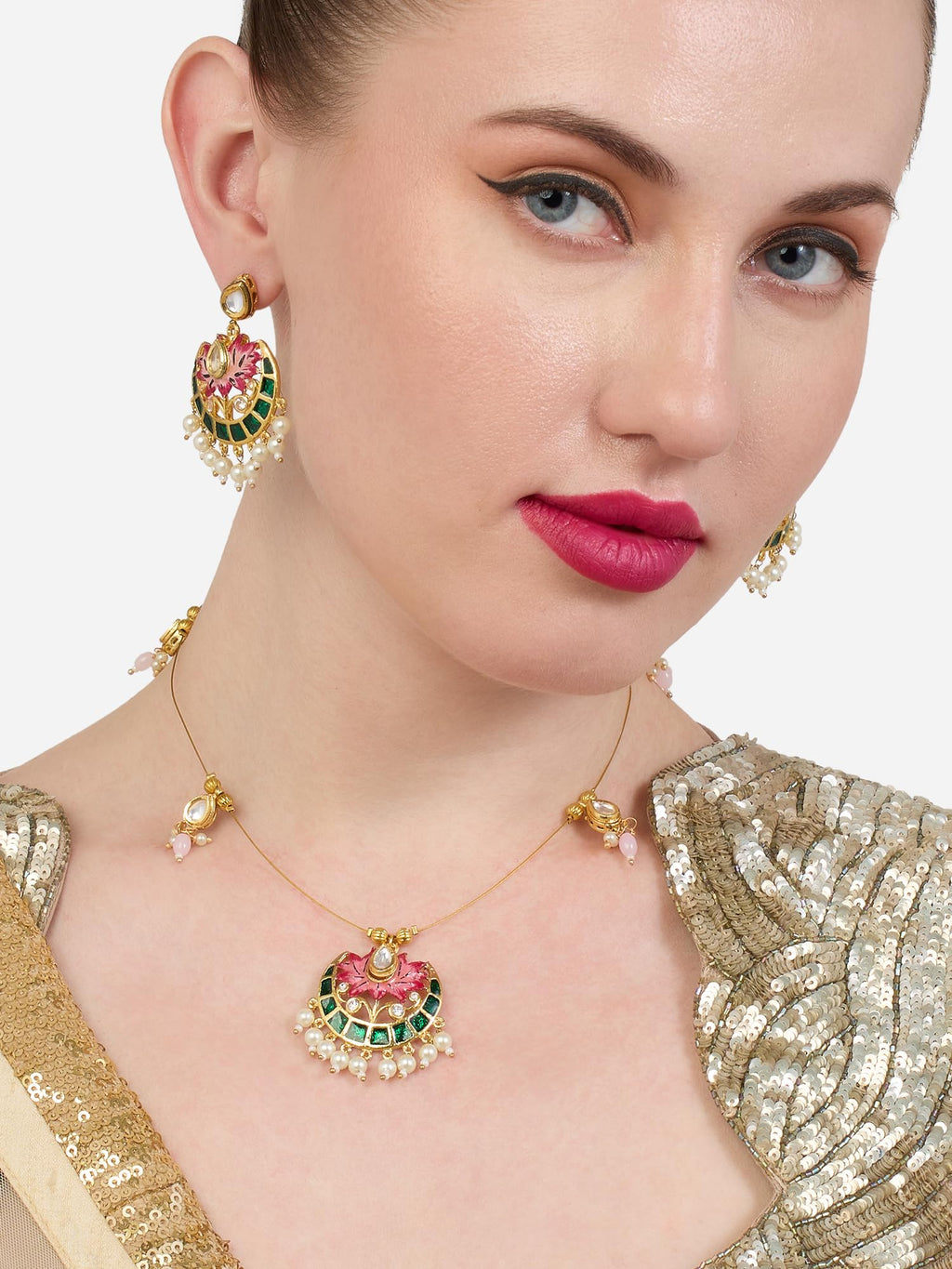 ZAVERI PEARLS Green Pink Meenakari Lotus Design Kundan Embellished Necklace & Earring Set For Women-ZPFK19169