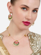 ZAVERI PEARLS Green Pink Meenakari Lotus Design Kundan Embellished Necklace & Earring Set For Women-ZPFK19169