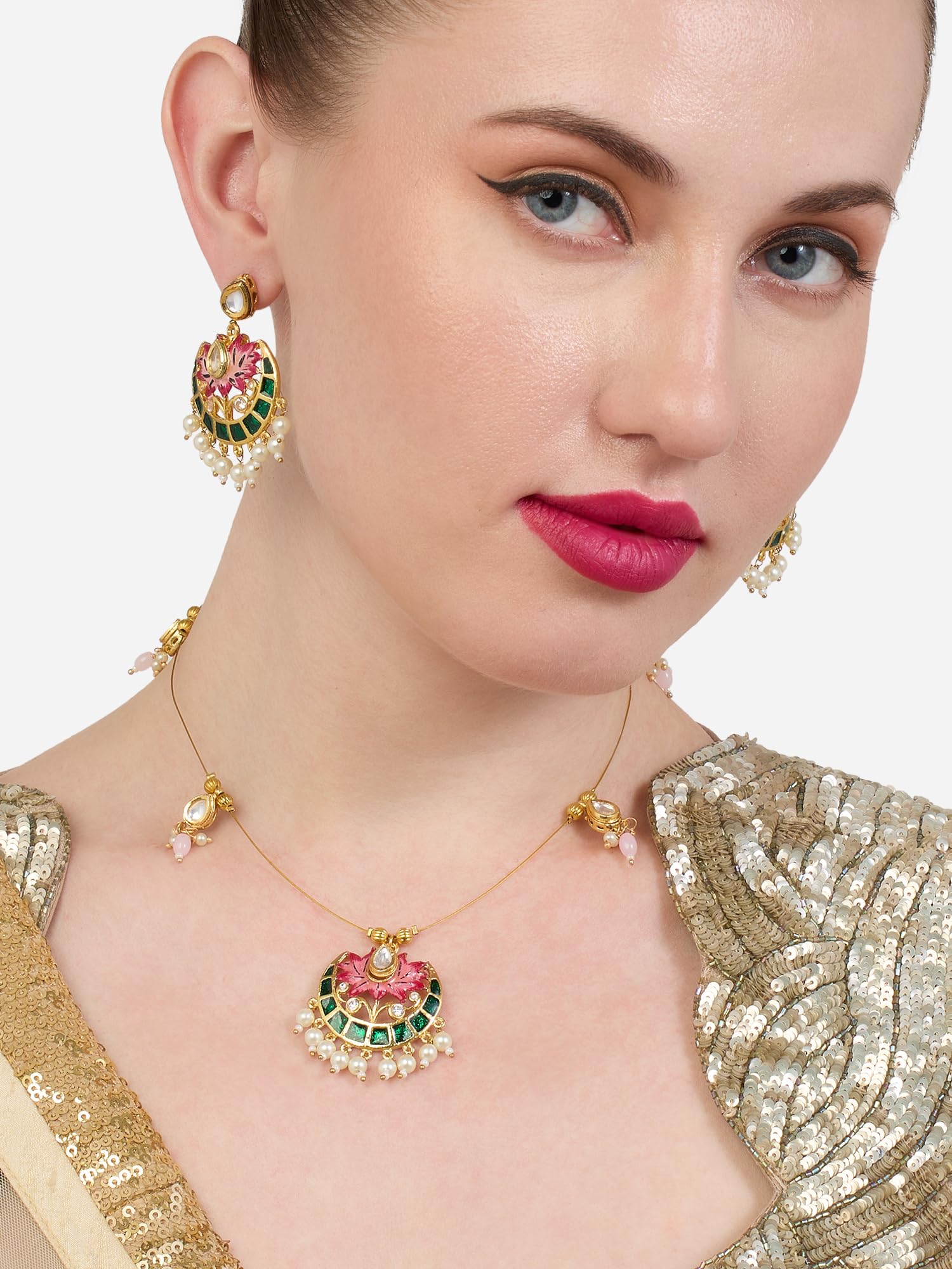 ZAVERI PEARLS Green Pink Meenakari Lotus Design Kundan Embellished Necklace & Earring Set For Women-ZPFK19169