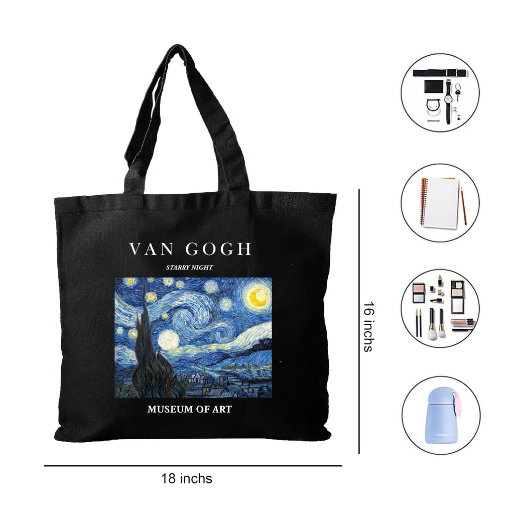 Darkbuck Canvas Tote Bag For Women & Men Shoulder Unisex Zipper Lock Black Totebag - The Starry Night