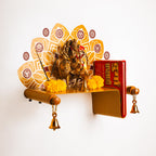 goodys Metal Pooja Mandir Shelf with Wall Sticker & 2 Pooja Bells for Mandir | Heavy Duty Wall Mounted Temple for Home & Office | Mandala Art Wall Decor | Haldi Yelllow |Beachwood Diwali Pooja Shelf