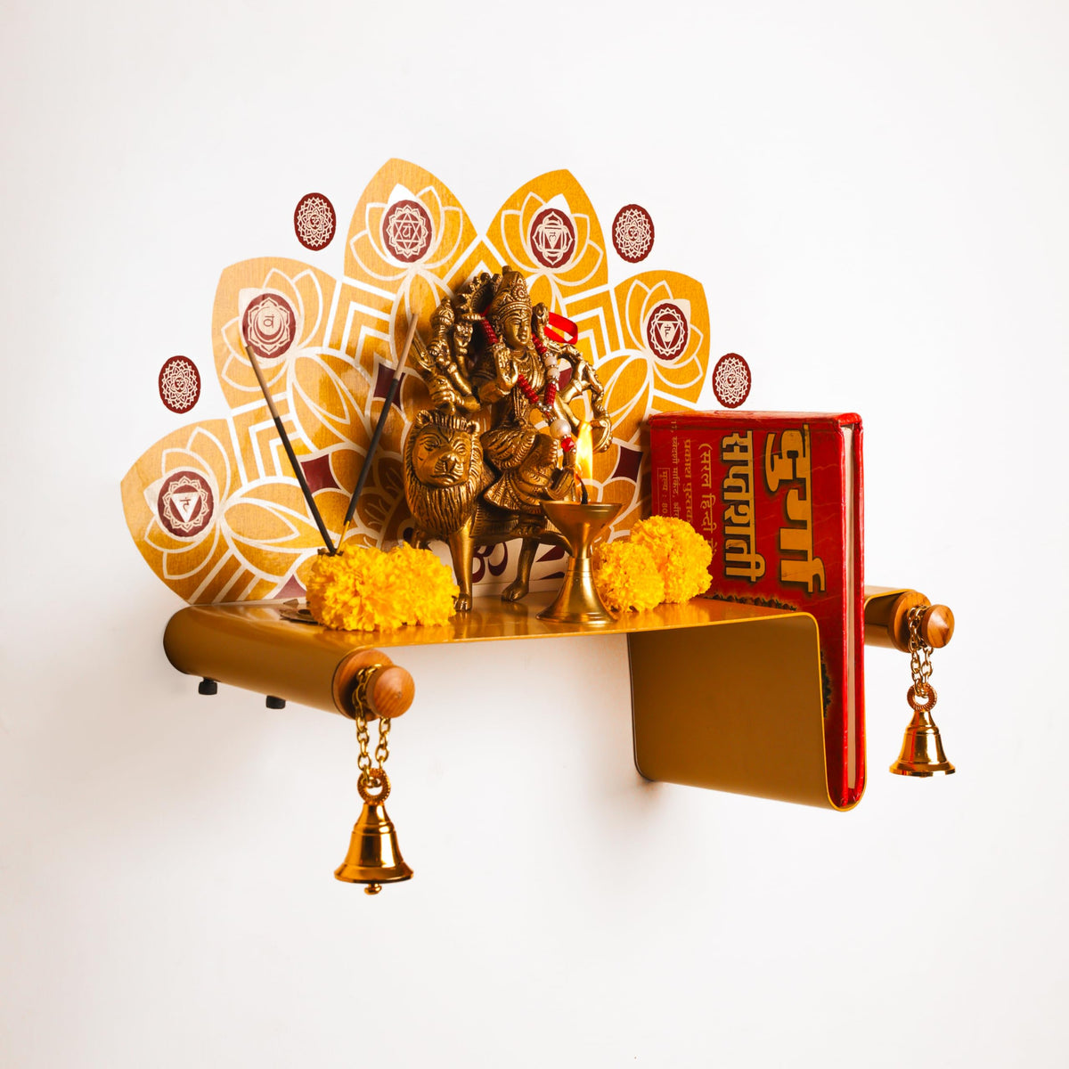 goodys Metal Pooja Mandir Shelf with Wall Sticker & 2 Pooja Bells for Mandir | Heavy Duty Wall Mounted Temple for Home & Office | Mandala Art Wall Decor | Haldi Yelllow |Beachwood Diwali Pooja Shelf