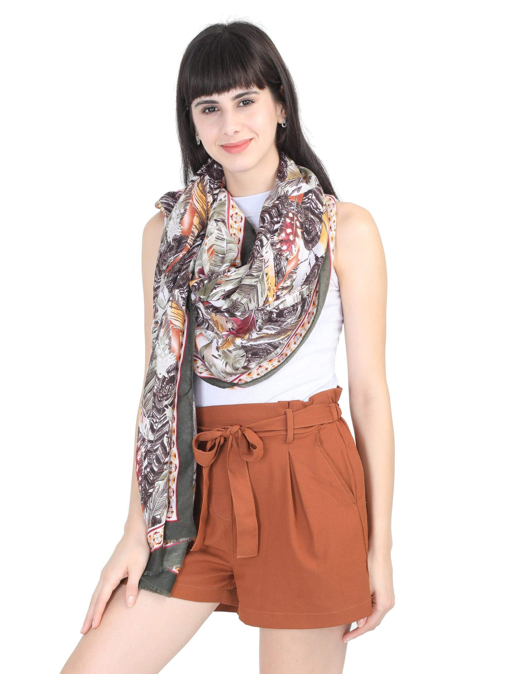 FabSeasons Women's Cotton Printed Long Scarf (Green, 95 x 190 cm)