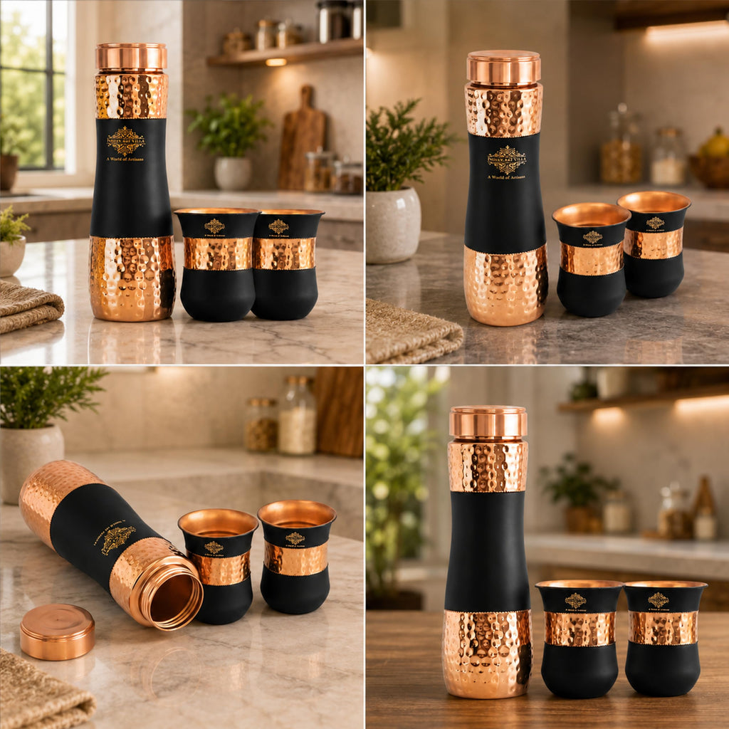 INDIAN ART VILLA Copper Drinkware Black Silk Finish, Set of 2 Glass and 1 Bottle, Volume - Glass 300 ML, Bottle 1000 ML