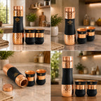 INDIAN ART VILLA Copper Drinkware Black Silk Finish, Set of 2 Glass and 1 Bottle, Volume - Glass 300 ML, Bottle 1000 ML