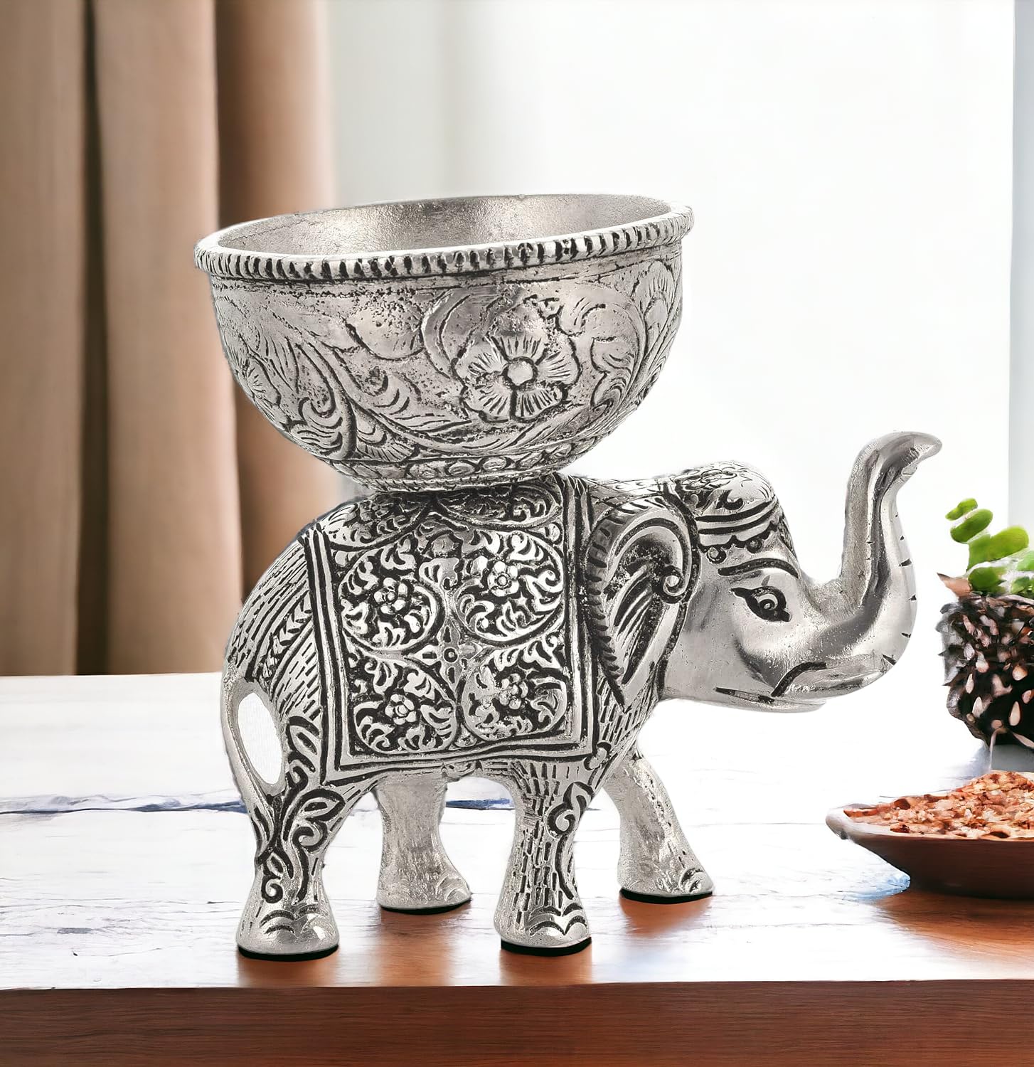 KridayKraft Metal Elephant Dry Fruit Bowl Showpiece Silver Polish for Your Home, Office Table Decorative, Elephant Showpiece Bowl for Gift, Animal Figurines