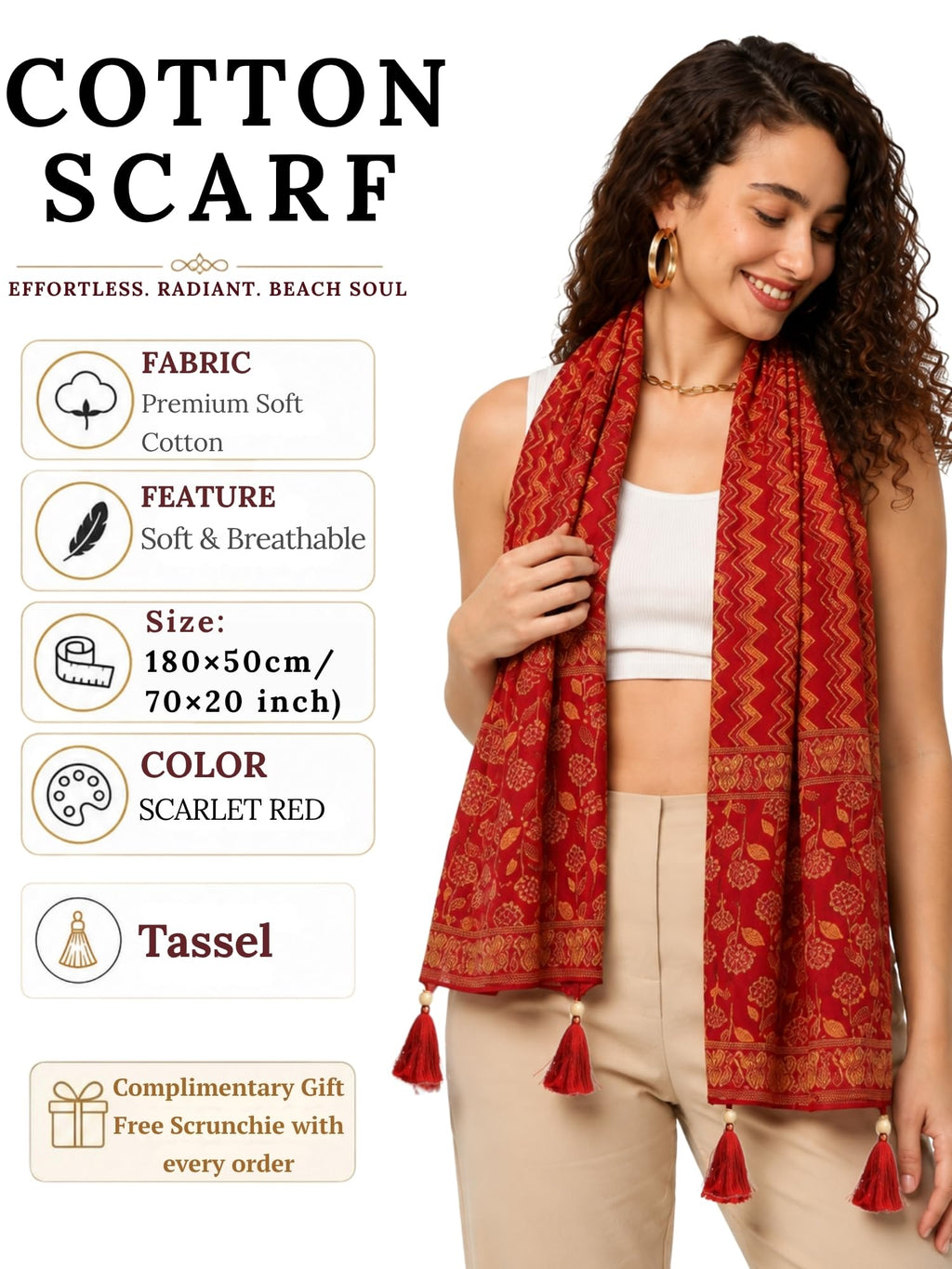 GALE GIRLS Cotton Scarf For Women Stylish|Beach Tassel Printed Scarf|Multicolor|Easily fits 180 * 50cm|70x20 Inch