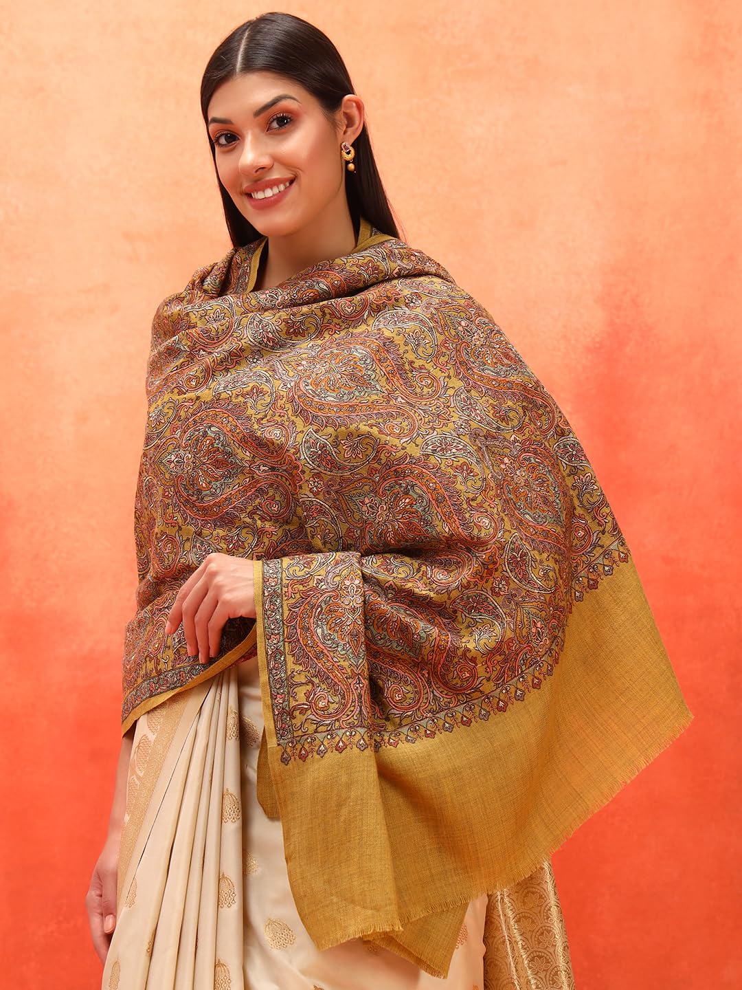 Pashmoda Women Kaarigari 100% Pure Wool Fabric Sozni Embroidered Shawl, Stole and Wrap, Heritage Pashmina Kashmiri Stole, Shawl, Wrap (Size: 40x80 Inches, MustardGreen Color) LIS39