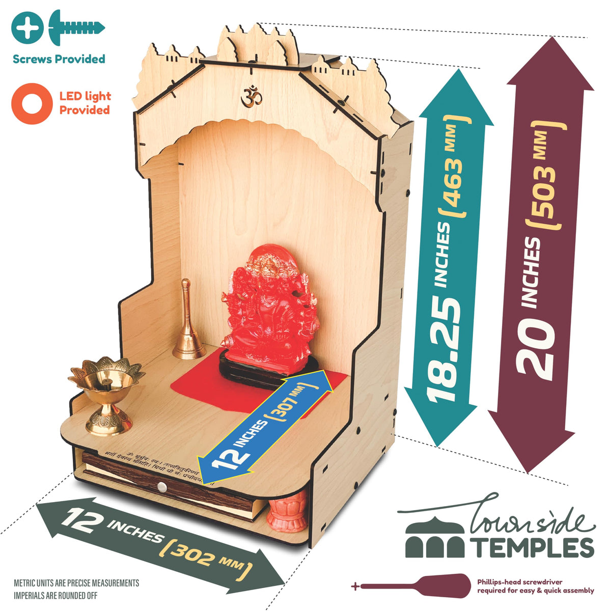 Townside® Moksha Temple Wooden Pooja Mandir for Home & Office, Puja Stand for Floor & Wall with LED Light (H: 20, L: 12, W: 12 inches) Traditional Beige