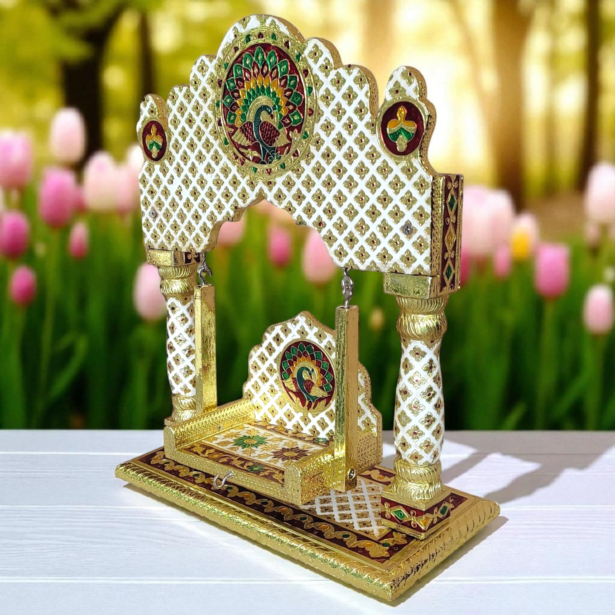 OPPILLA™ Laddu Gopal Jhula, Meenakari Hand Painted Folding Temple Jhoola, Handcrafted Home Temple Decor (White, 16 Inches x 13 Inches)