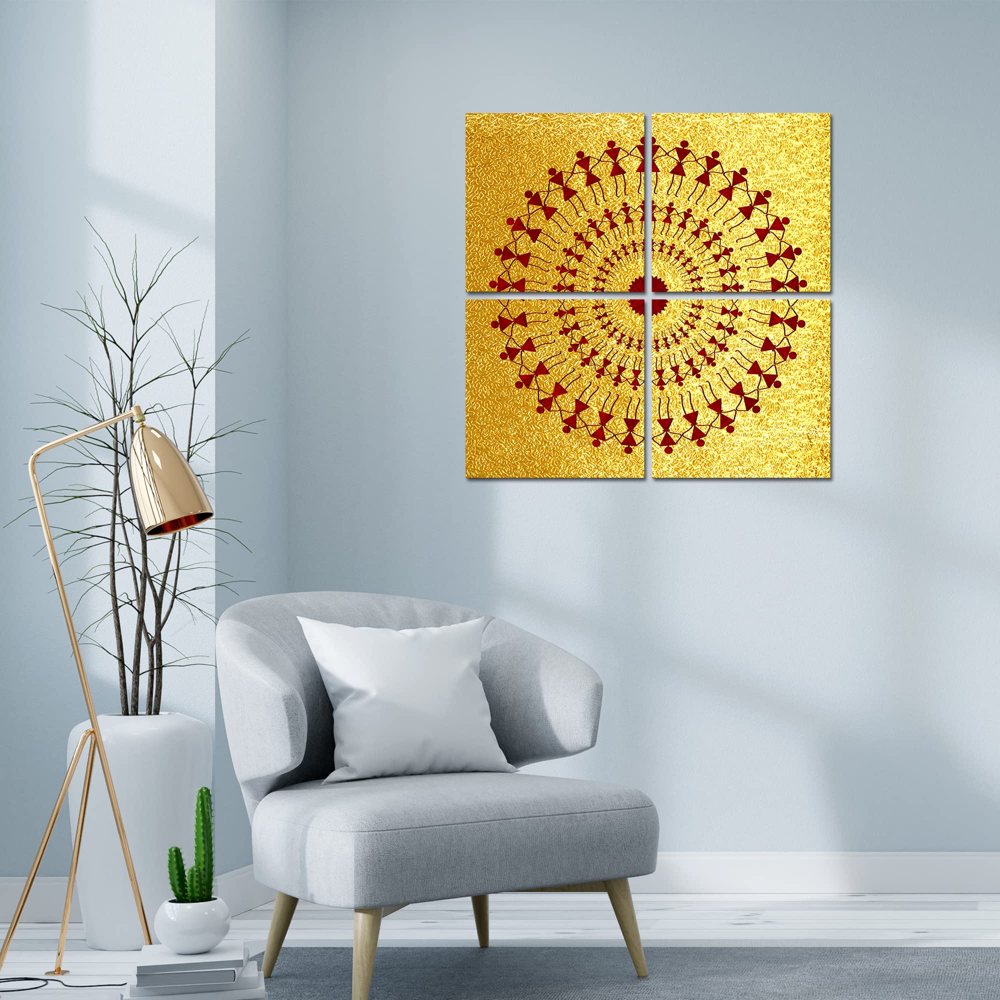 VIBECRAFTS Beautiful Warli Art 4 Pieces Canvas Wall Hanging Painting Fitted With Wooden Frame For Home | Office | Living Room | Gifts (PTVC4Pcs5_16602)