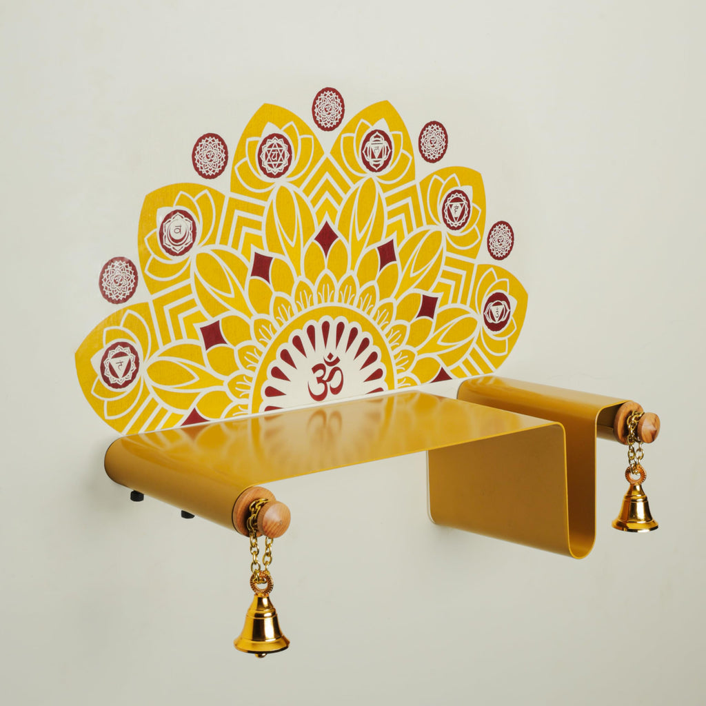 goodys Metal Pooja Mandir Shelf with Wall Sticker & 2 Pooja Bells for Mandir | Heavy Duty Wall Mounted Temple for Home & Office | Mandala Art Wall Decor | Haldi Yelllow |Beachwood Diwali Pooja Shelf