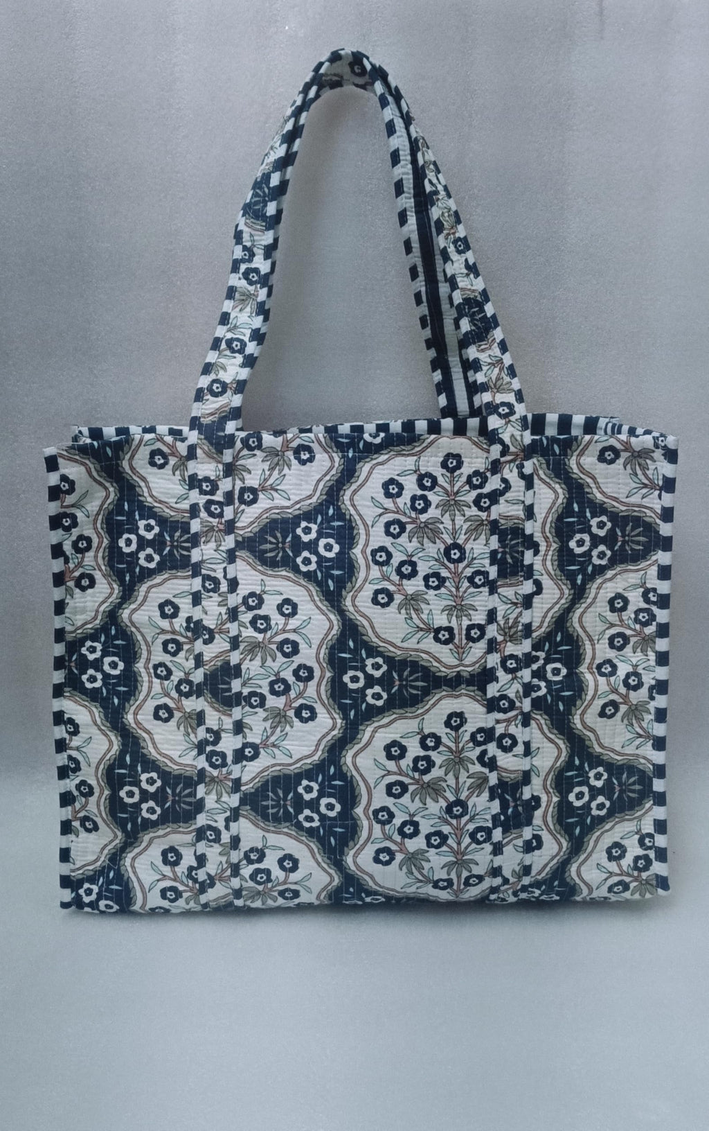 HOUSE OF GULAB Tote Bag for Women Stylish Canvas Handbag with Long Handle Inside Pocket Shoulder Bag Ladies Shopping College Office Travel Tote Bag for Girls Daily Use Fashion Bag (Navy Blue & White)