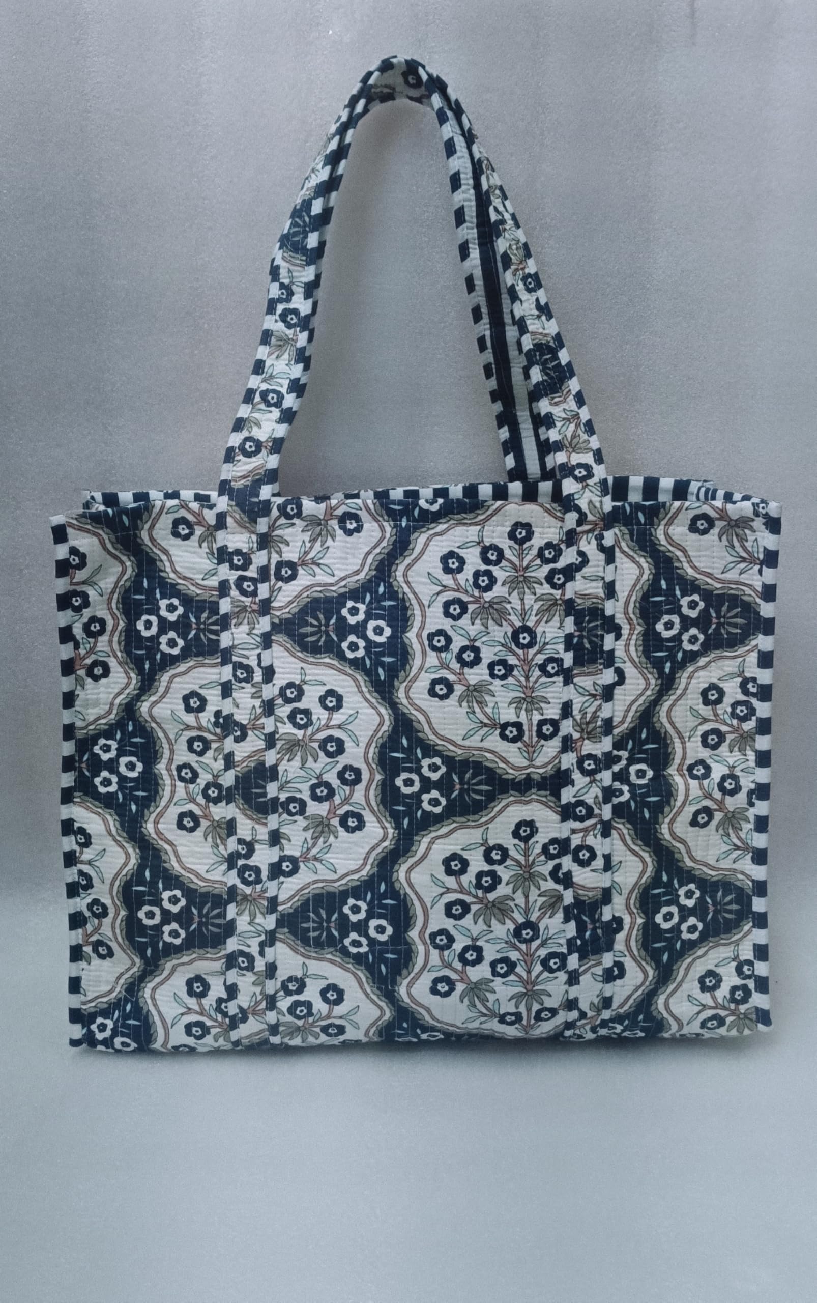 HOUSE OF GULAB Tote Bag for Women Stylish Canvas Handbag with Long Handle Inside Pocket Shoulder Bag Ladies Shopping College Office Travel Tote Bag for Girls Daily Use Fashion Bag (Navy Blue & White)