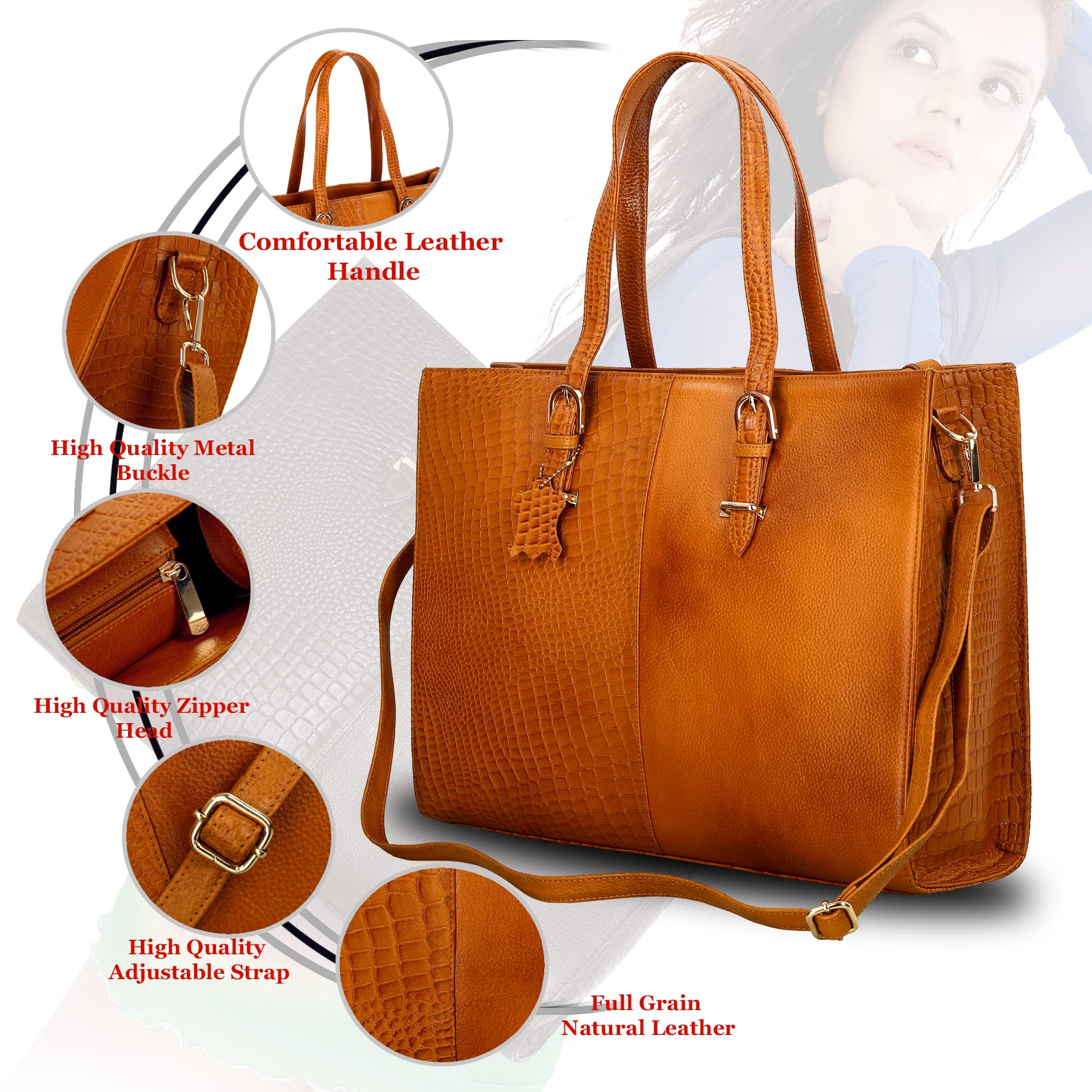 HYATT Leather Accessories Full-Grain Natural Cro Leather Ladies Handbags & Sling Shoulder Tote Bags For Women Laptop Big Size Branded Stylish. Size- L-16 X H-12.5 x W- 4.5 Inches (MANGO TAN)