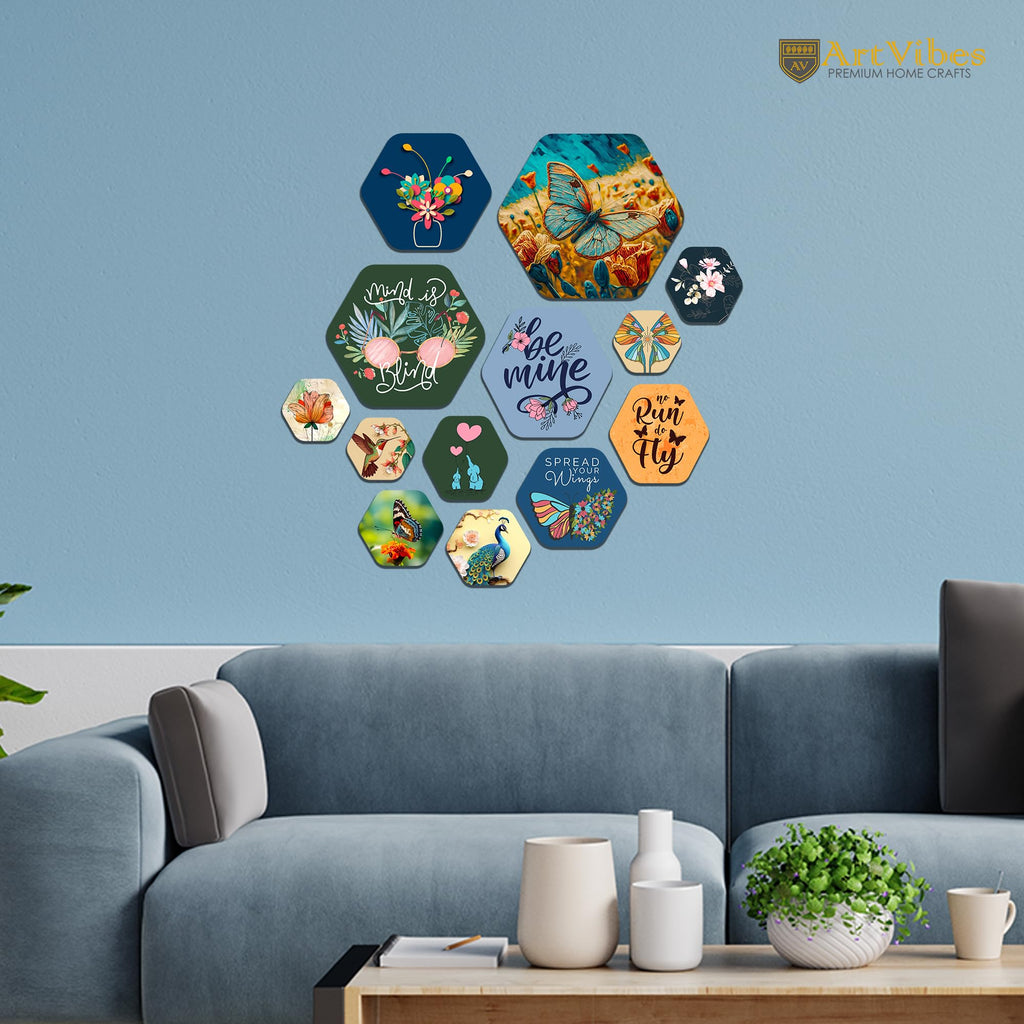 Artvibes Spread Your Wings Hexagon Shape MDF Wooden Wall Decor Items | Motivational Wall Decor | Wall Accent | Graphic Art | Gift Items | Office Wall Decoration Items (WPS_205N), Set of 13