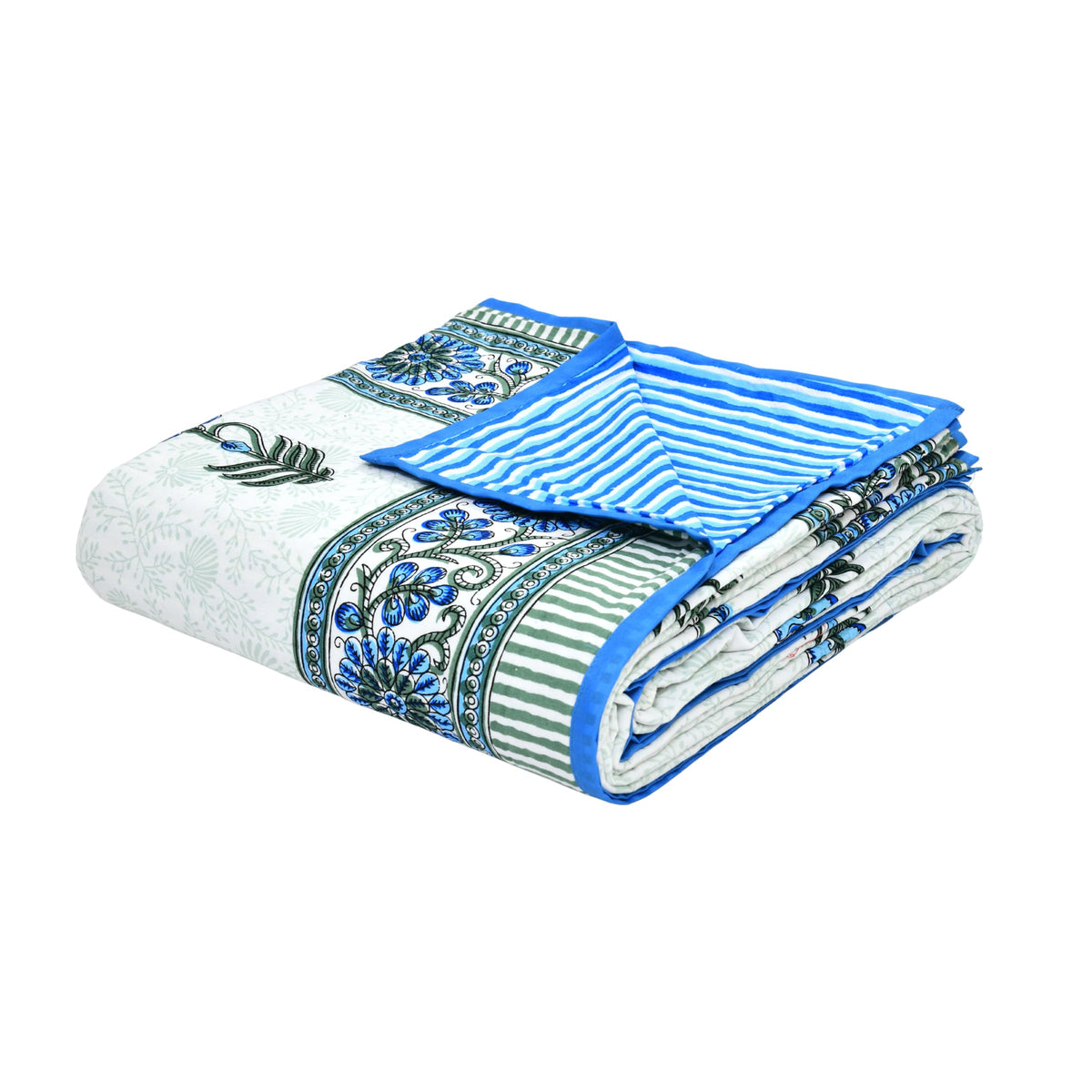 BLOCKS OF INDIA 100% Cotton Dohar King Size Reversible Hand Block Printed Malmal Summer Dohar/Blanket (Blue Green Flower) Kafalo