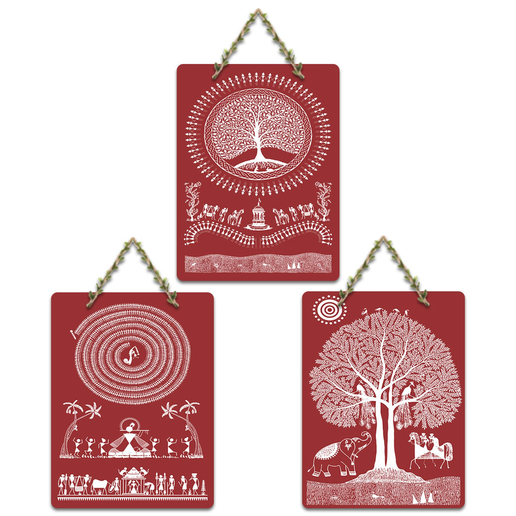 Artvibes Tribal Warli Art Decor Decorative MDF Wooden Wall Art for Home | Living Room | Office | Wall Art Painting For Hall | Graphic Artwork | Wall Art Print | Ideal Gifts (WH_96157N), Set of 3