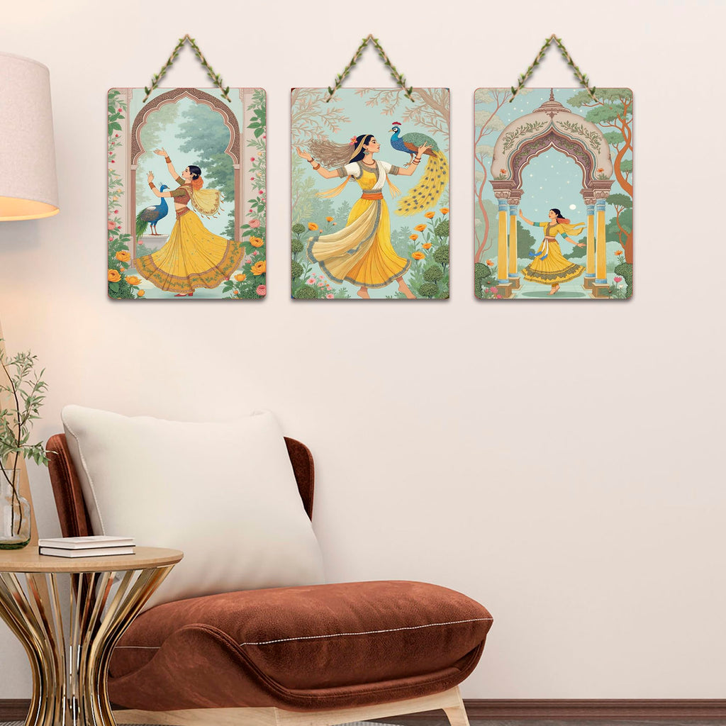 Artvibes Women Dancing Ancient Royal Art Wooden Decoration Item for Home | Art For Wall | Wall Sculpture | Signs & Plaques | Festive Decor | Wall Illustrations | Gift Items (WH_9616N), Set of 3
