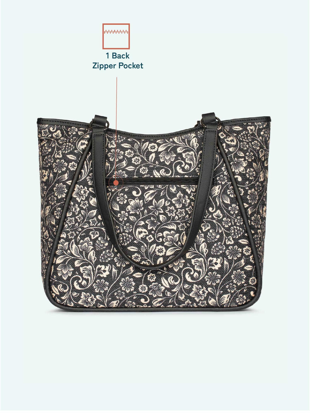 ZOUK Naisha Black Floral Tote Bag for Women | Vegan Leather Large Shoulder Handbag with Bottle Holder, Multiple Pockets & Water-Resistant Lining | Office, Travel & Daily Use | FloMotif
