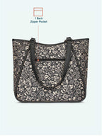 ZOUK Naisha Black Floral Tote Bag for Women | Vegan Leather Large Shoulder Handbag with Bottle Holder, Multiple Pockets & Water-Resistant Lining | Office, Travel & Daily Use | FloMotif