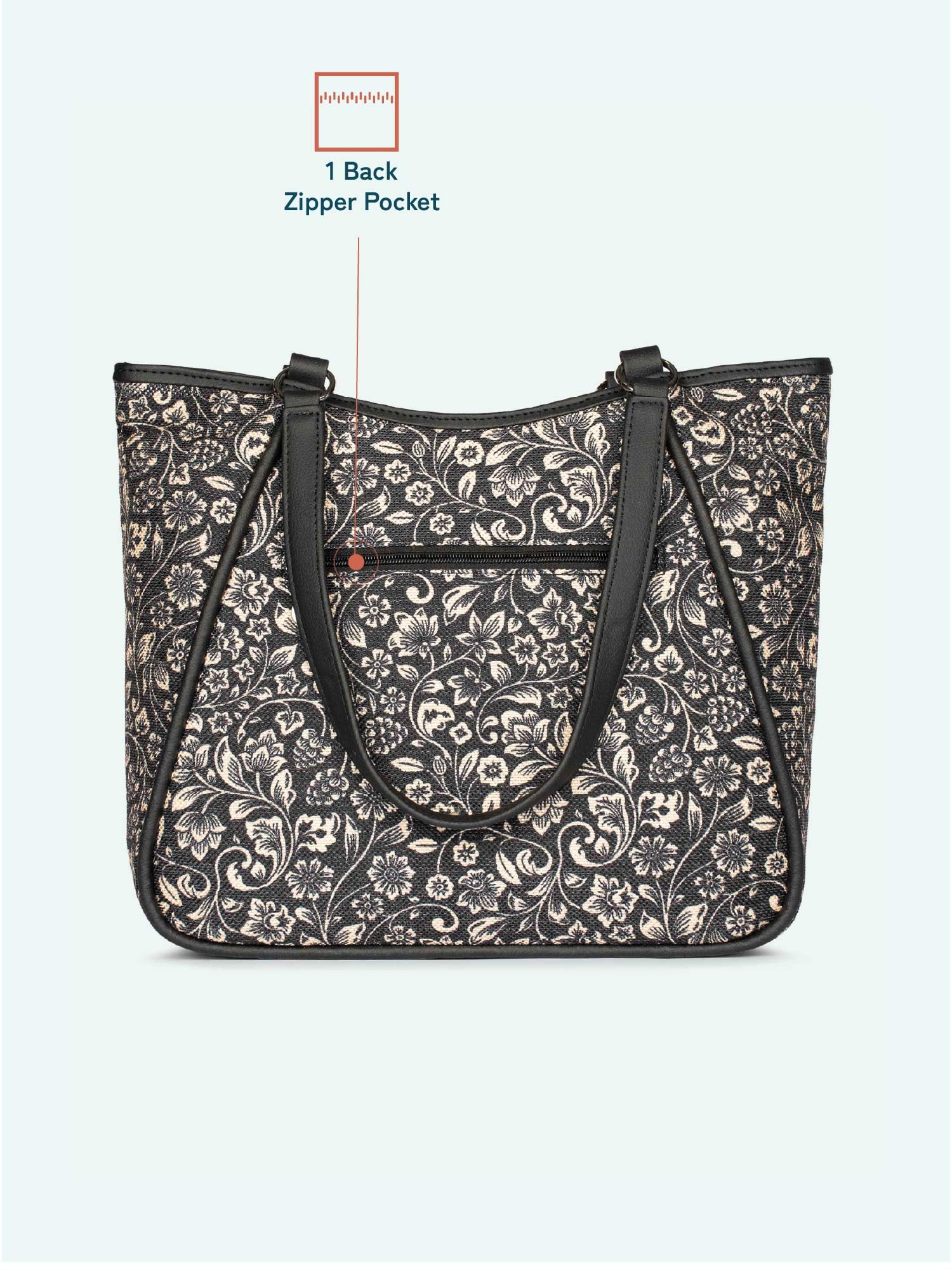 ZOUK Naisha Black Floral Tote Bag for Women | Vegan Leather Large Shoulder Handbag with Bottle Holder, Multiple Pockets & Water-Resistant Lining | Office, Travel & Daily Use | FloMotif