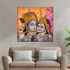 VIBECRAFTS Beautiful Radha Krishna Playing Flute 3 Pieces Canvas Wall Painting Fitted With Wooden Frame For Home | Office | Living Room | Gifts (PTVC3Pcs1_9542)