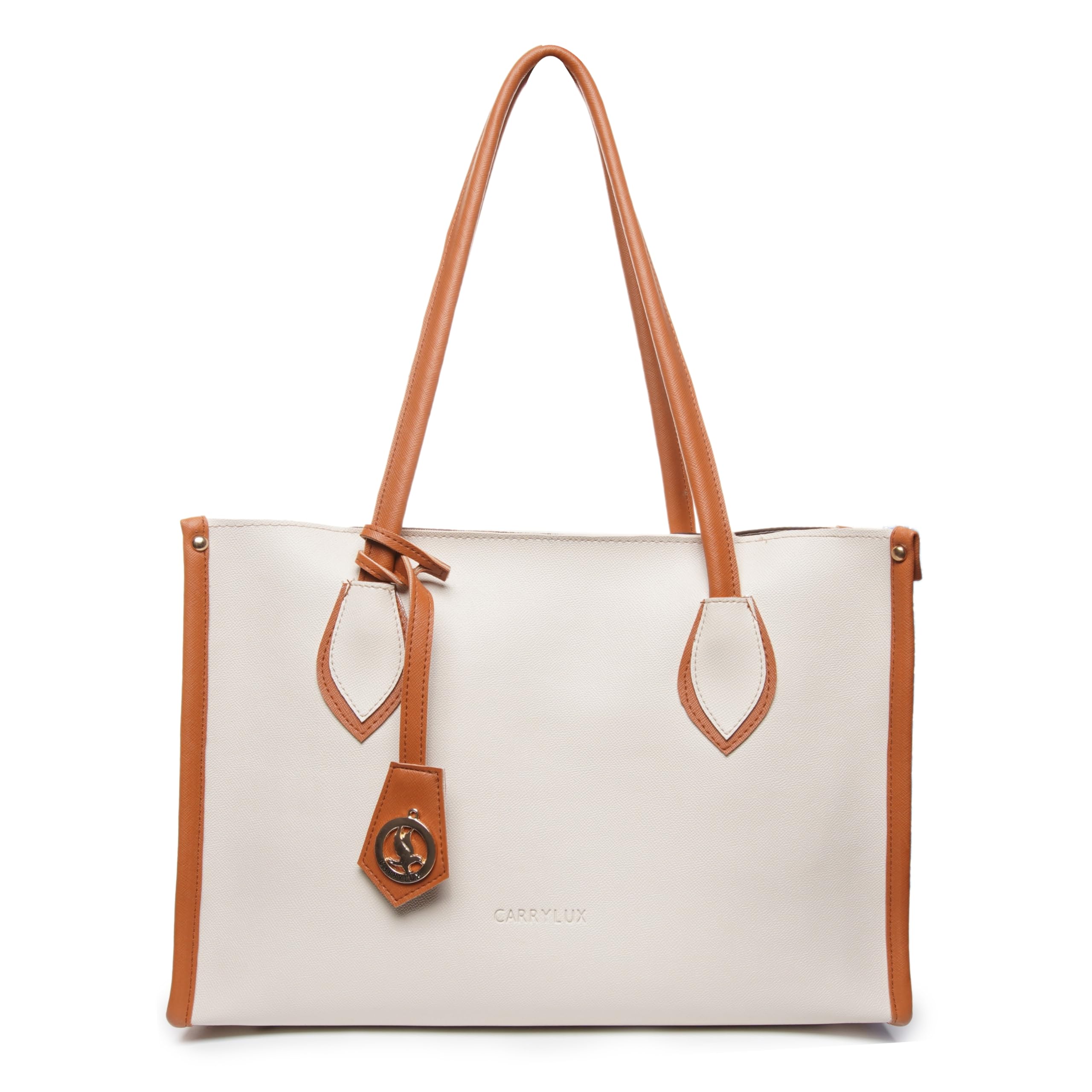 Carrylux Women's Soft & Lightweight Tote Bag | Handbag | 14-inch Laptop Space | Ivory & Tan (Ivory Tan)