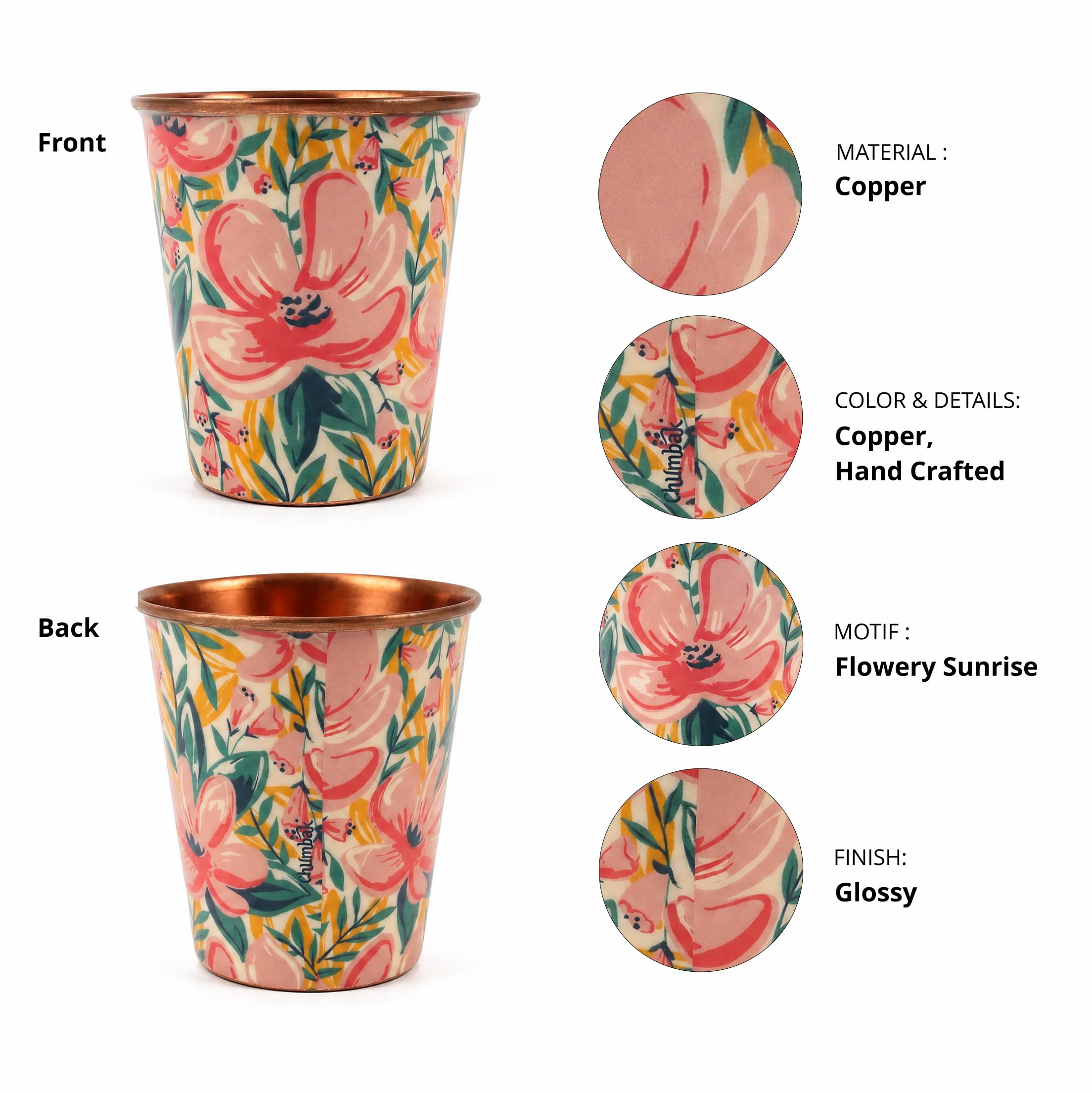 Chumbak Tropical Lilies Copper Tumbler – Small, 275ml Capacity, Hand-Painted Floral Design, Pure Copper Drinkware, Corrosion-Resistant, Ideal for Water Storage & Home Décor Gift
