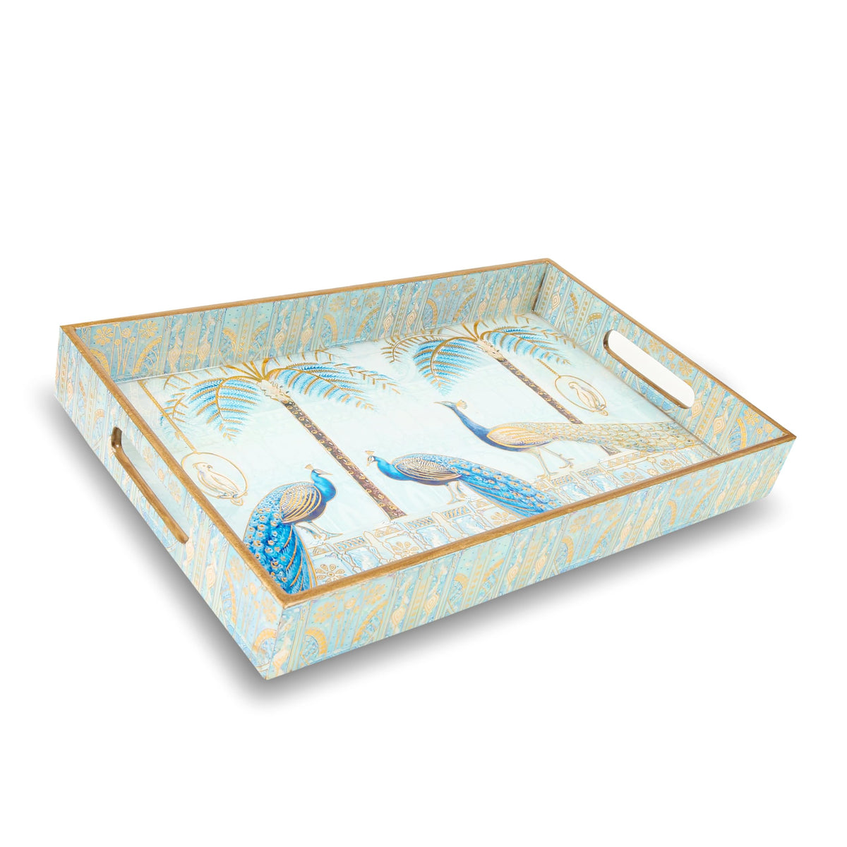 Luxury Peacock Serving Tray – Decorative Wooden Tray, Gold Engraved & Enamel Waterproof Finish, Coffee Table, Dining Room, Kitchen, Party & Home Decor (Majestic Peacock Tray Large)