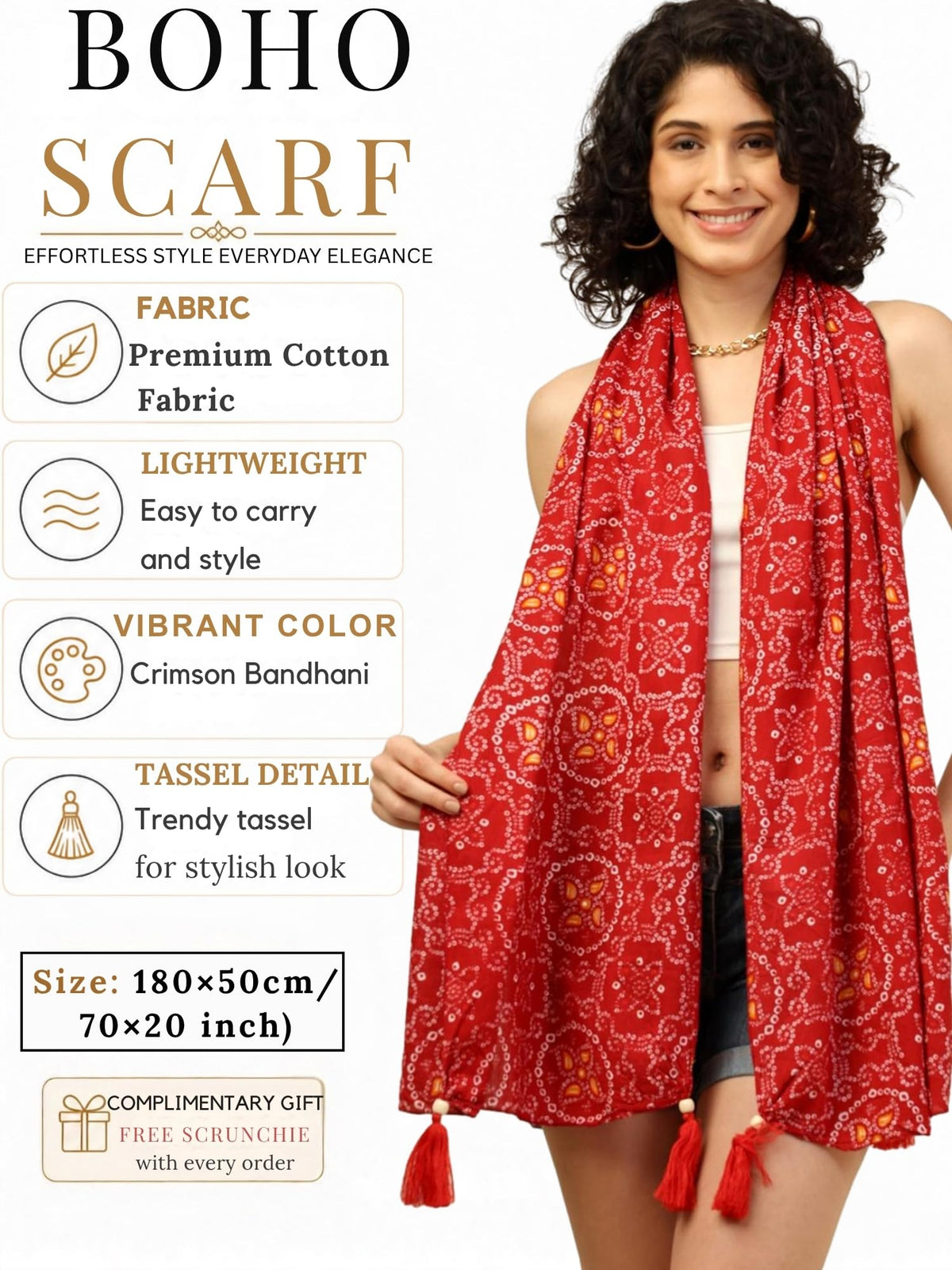 KE KANHA EXPORTS Cotton Scarf with Tassels|Bandhani Print Scarf for Women Stylish|Stole for Women|Breathable Boho Beach Summer Wrap|Multicolor Scarf|Easily Fits 180 * 50 CM