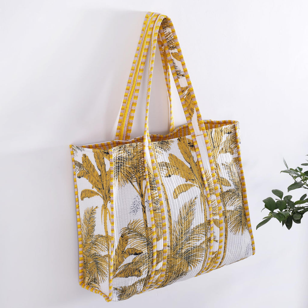 Ravaiyaa - Attitude is everything Women & Man Beautiful Printed Cotton Grocery Shopping Bag | Shoulder Bag | Cotton Tote Bag | Travel Tote Bags 18x5.5x16 Inch (Yellow Palm Tree)