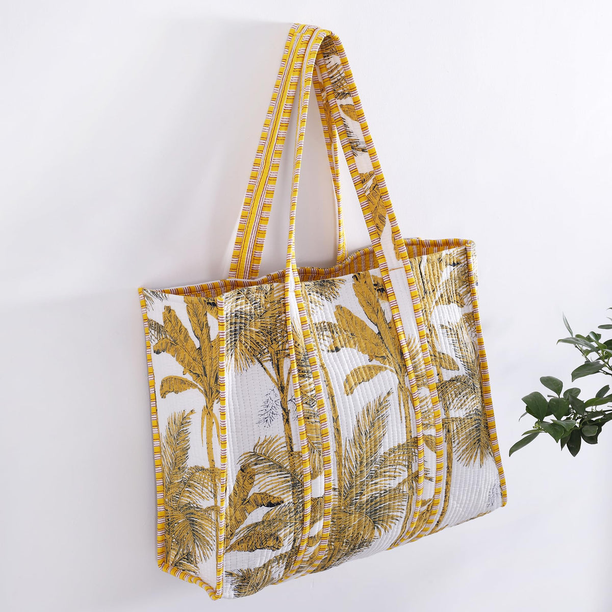 Ravaiyaa - Attitude is everything Women & Man Beautiful Printed Cotton Grocery Shopping Bag | Shoulder Bag | Cotton Tote Bag | Travel Tote Bags 18x5.5x16 Inch (Yellow Palm Tree)
