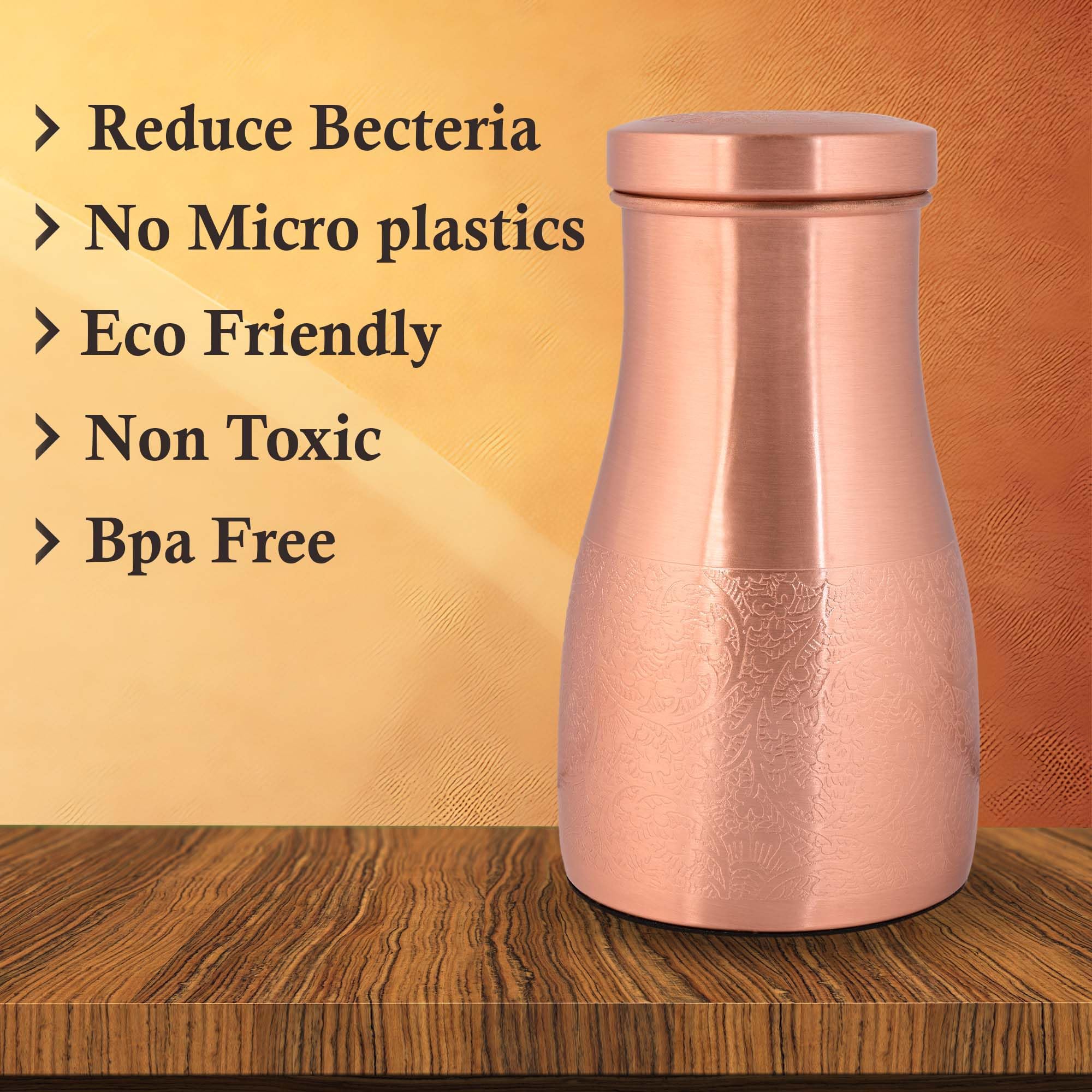Tambra Copper Bedroom Jar with Inbuilt Glass | Carving Design | Handcrafted, Leakproof, Jointless | Ayurvedic Benefits, Antioxidant Properties | 1200 ml (Pack of 2)